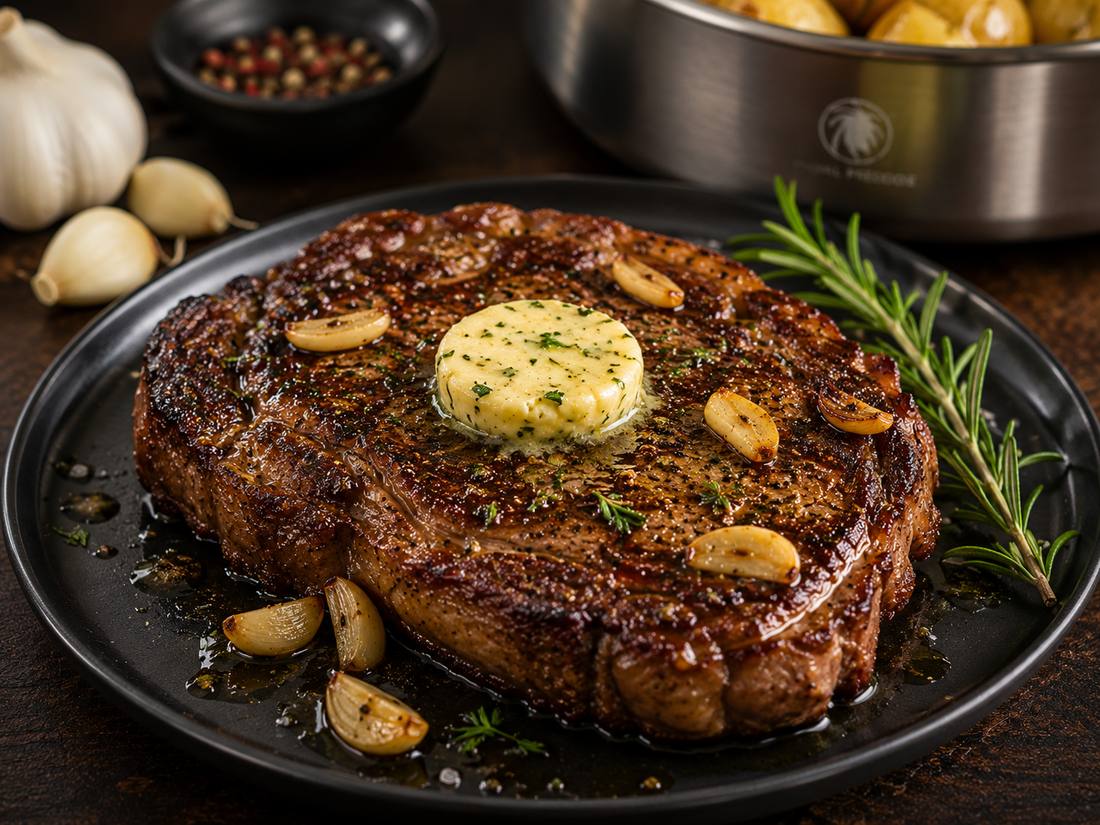Ribeye Sellado con Mantequilla y Ajo preparada con Sartén Royal Prestige